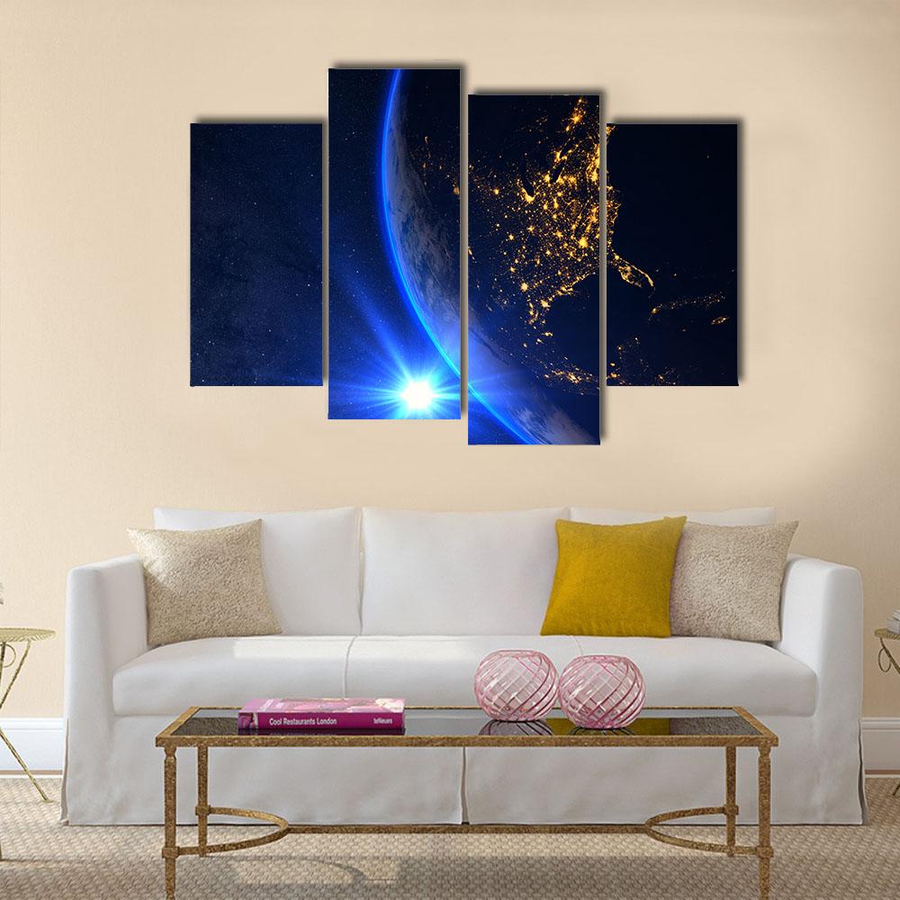 Planet Earth With A Spectacular Sunset Canvas Wall Art-4 Pop-Gallery Wrap-34" x 20"-Tiaracle