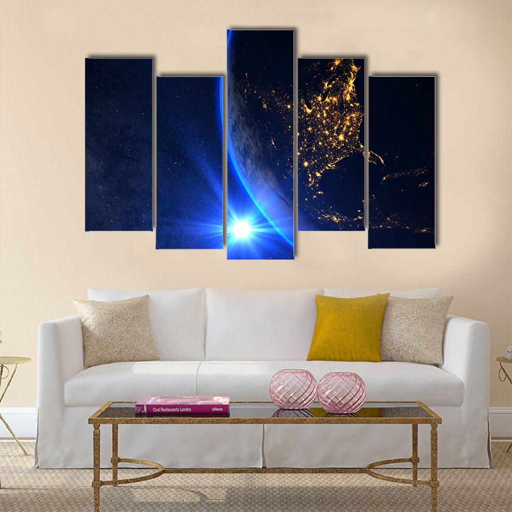 Planet Earth With A Spectacular Sunset Canvas Wall Art-5 Pop-Gallery Wrap-32" x 21"-Tiaracle
