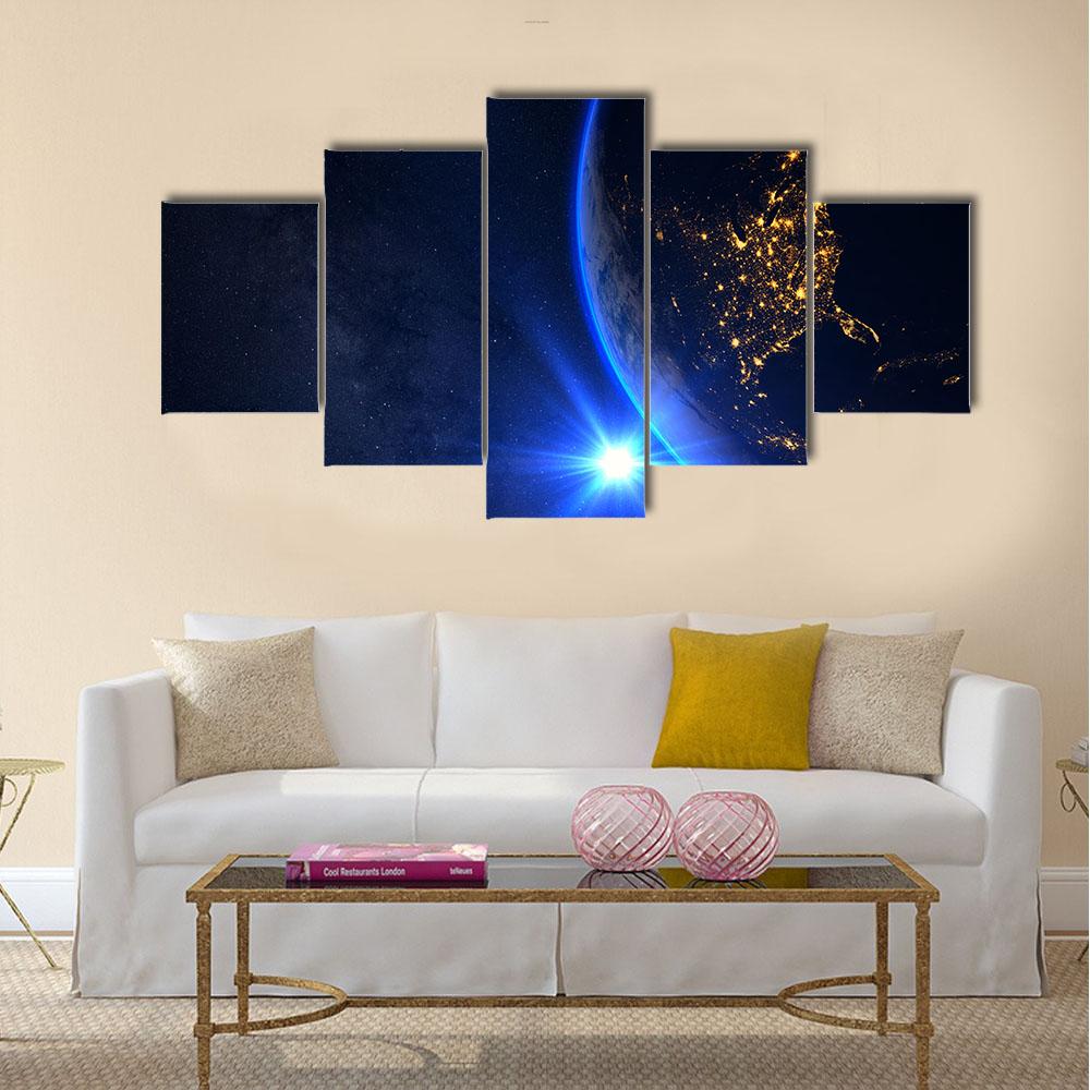 Planet Earth With A Spectacular Sunset Canvas Wall Art-5 Star-Gallery Wrap-42" x 21"-Tiaracle