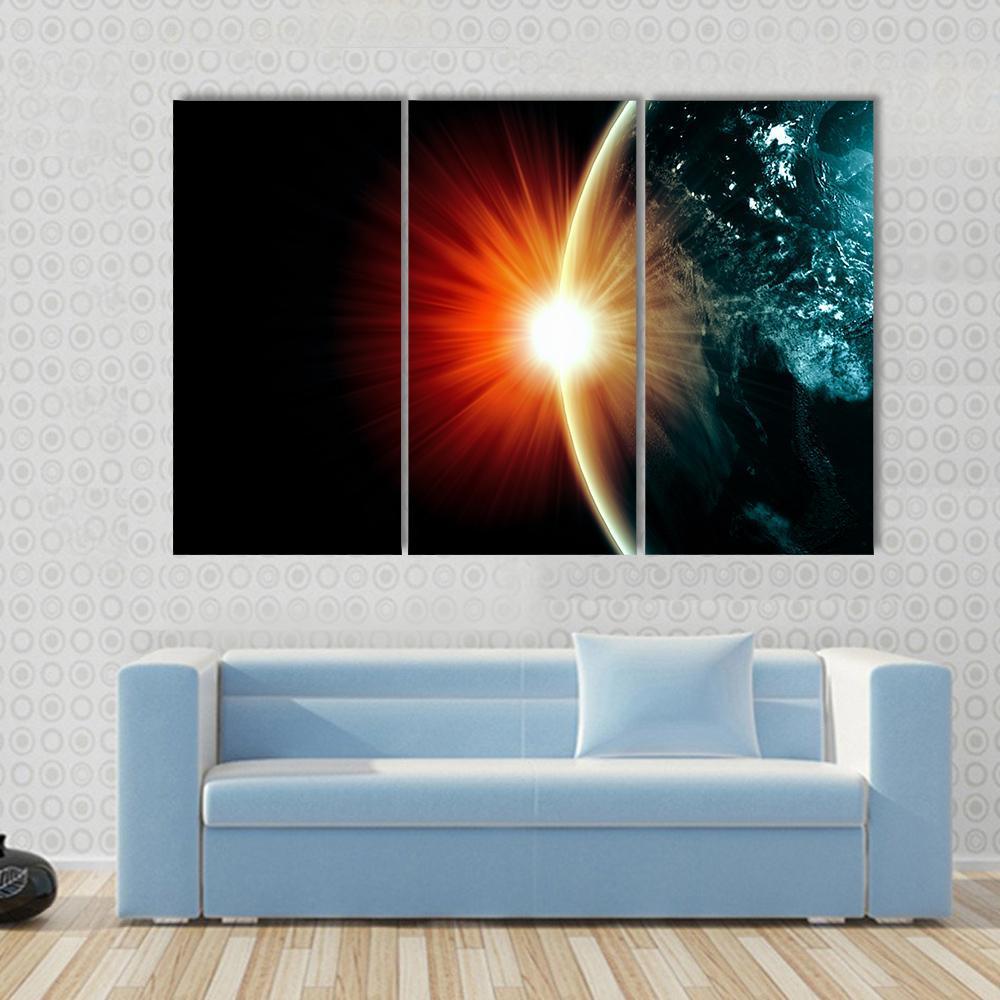 Planet Earth With Appearing Sunbeam Light Canvas Wall Art-3 Horizontal-Gallery Wrap-37" x 24"-Tiaracle
