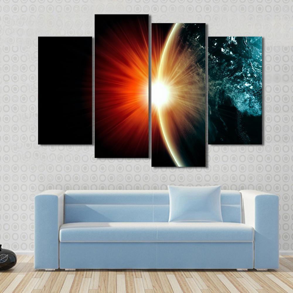 Planet Earth With Appearing Sunbeam Light Canvas Wall Art-4 Pop-Gallery Wrap-50" x 32"-Tiaracle