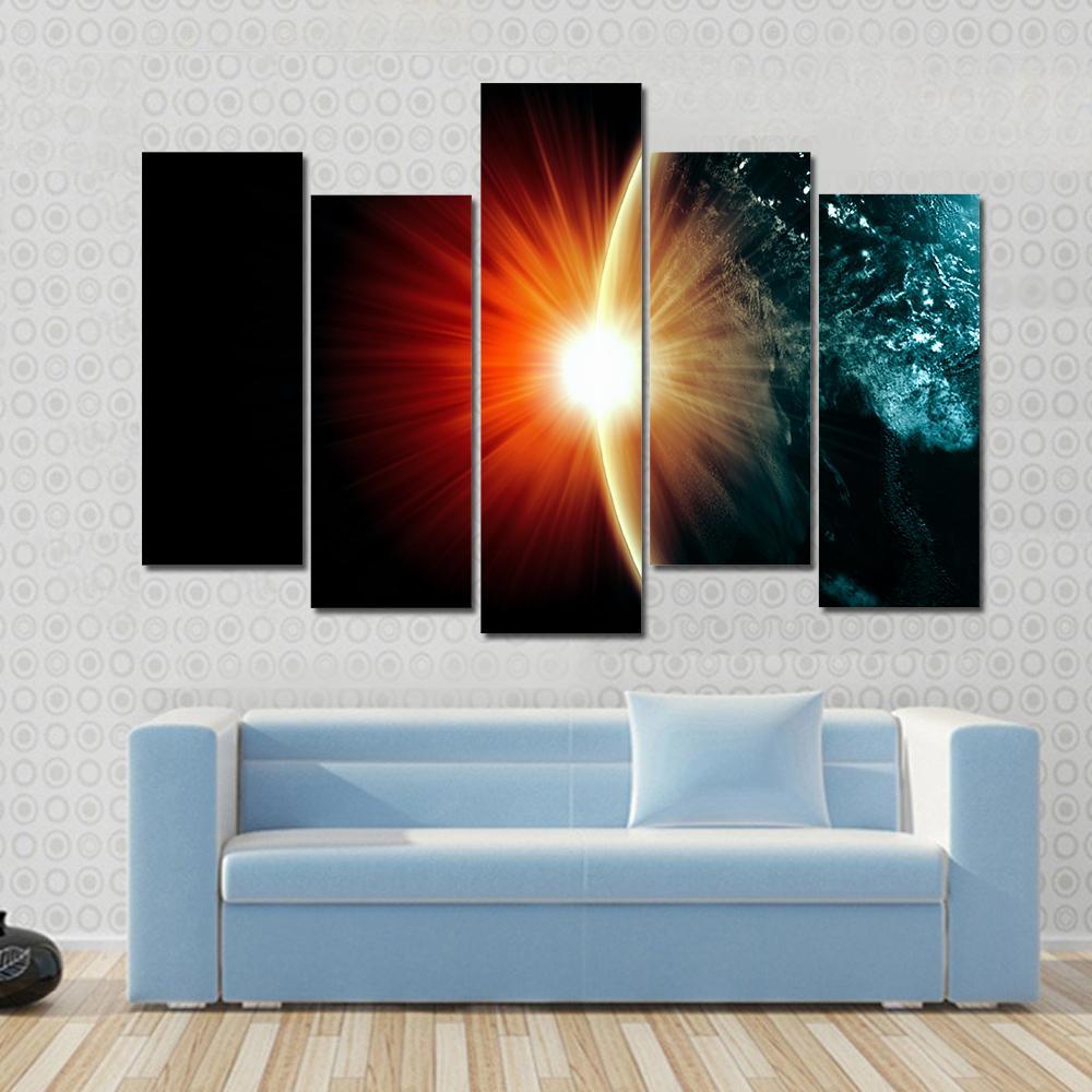 Planet Earth With Appearing Sunbeam Light Canvas Wall Art-5 Pop-Gallery Wrap-47" x 32"-Tiaracle