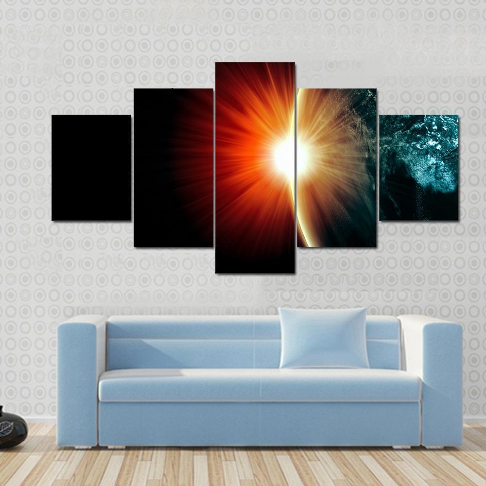 Planet Earth With Appearing Sunbeam Light Canvas Wall Art-5 Star-Gallery Wrap-62" x 32"-Tiaracle