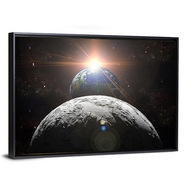 Planet Earth With Moon And Sun Canvas Wall Art-3 Horizontal-Gallery Wrap-25" x 16"-Tiaracle