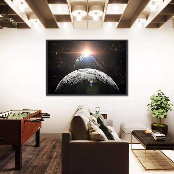 Planet Earth With Moon And Sun Canvas Wall Art-3 Horizontal-Gallery Wrap-25" x 16"-Tiaracle