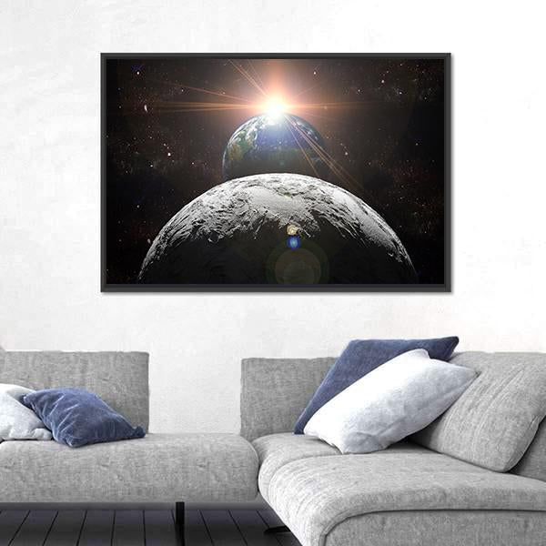 Earth, Moon, and Rising Sun Canvas Wall Art in black and gray, framed canvas, product view on a white background