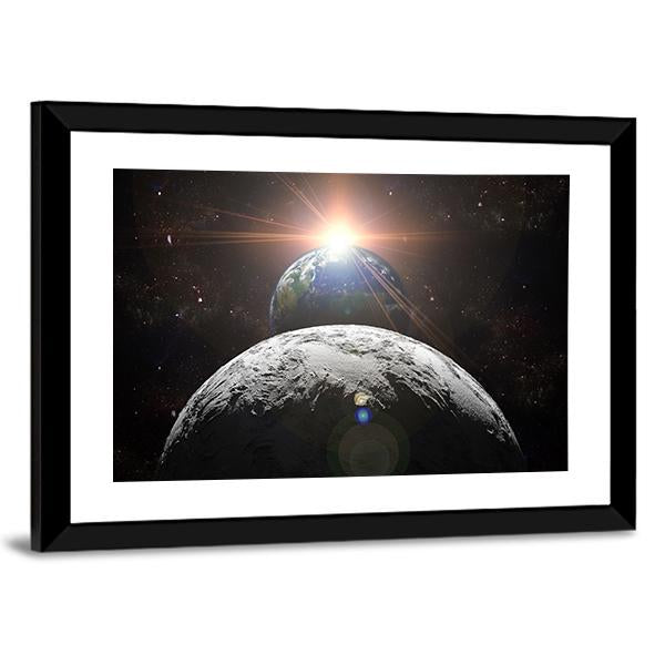 Planet Earth With Moon And Sun Canvas Wall Art-3 Horizontal-Gallery Wrap-25" x 16"-Tiaracle