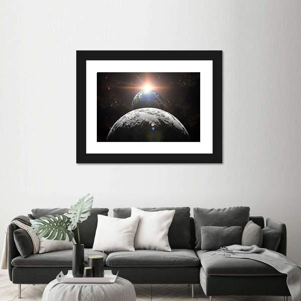Planet Earth With Moon And Sun Canvas Wall Art-1 Piece-Framed Print-20" x 16"-Tiaracle