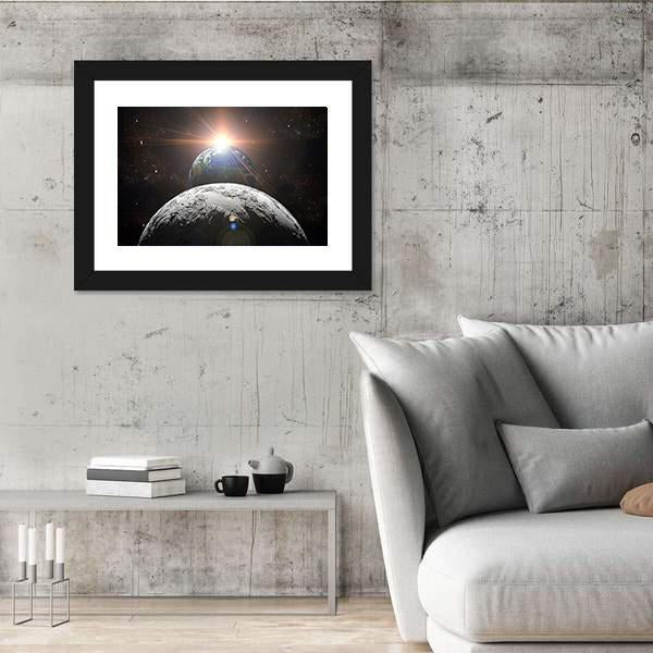 Planet Earth With Moon And Sun Canvas Wall Art-3 Horizontal-Gallery Wrap-25" x 16"-Tiaracle