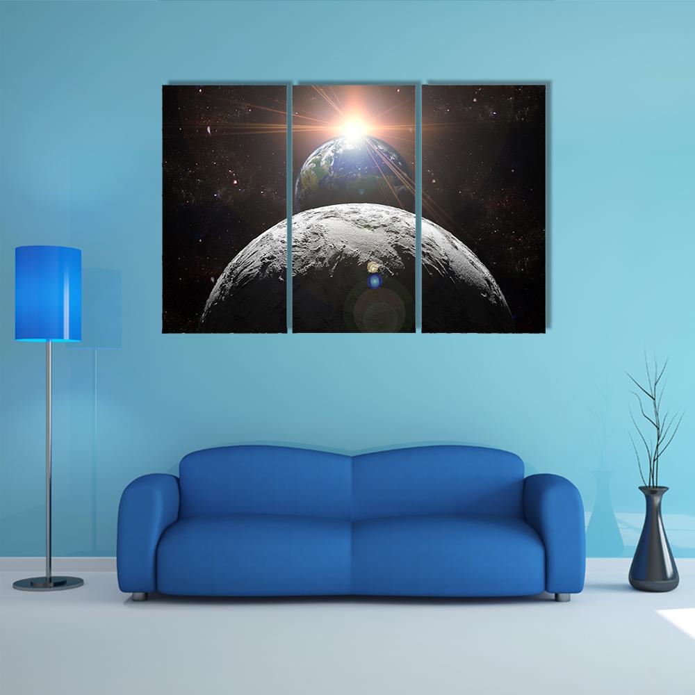 Planet Earth With Moon And Sun Canvas Wall Art-3 Horizontal-Gallery Wrap-37" x 24"-Tiaracle
