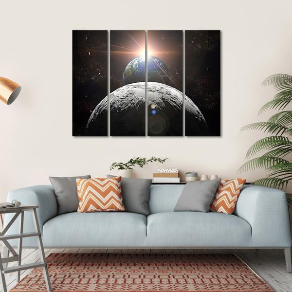 Planet Earth With Moon And Sun Canvas Wall Art-4 Horizontal-Gallery Wrap-34" x 24"-Tiaracle