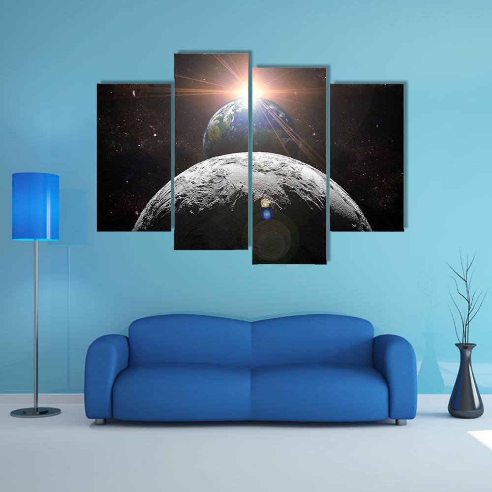 Planet Earth With Moon And Sun Canvas Wall Art-4 Pop-Gallery Wrap-50" x 32"-Tiaracle