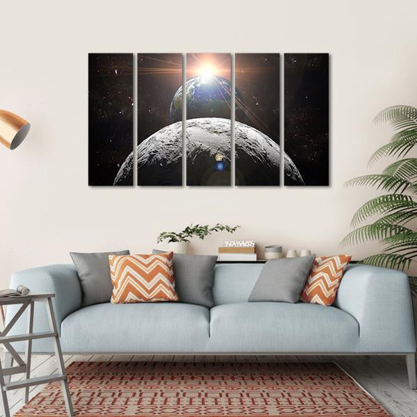 Planet Earth With Moon And Sun Canvas Wall Art-5 Horizontal-Gallery Wrap-22" x 12"-Tiaracle