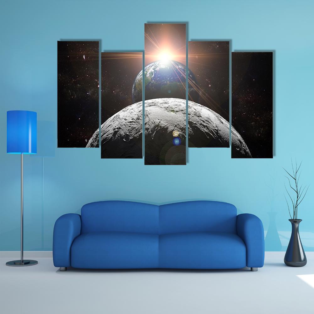 Planet Earth With Moon And Sun Canvas Wall Art-5 Pop-Gallery Wrap-47" x 32"-Tiaracle