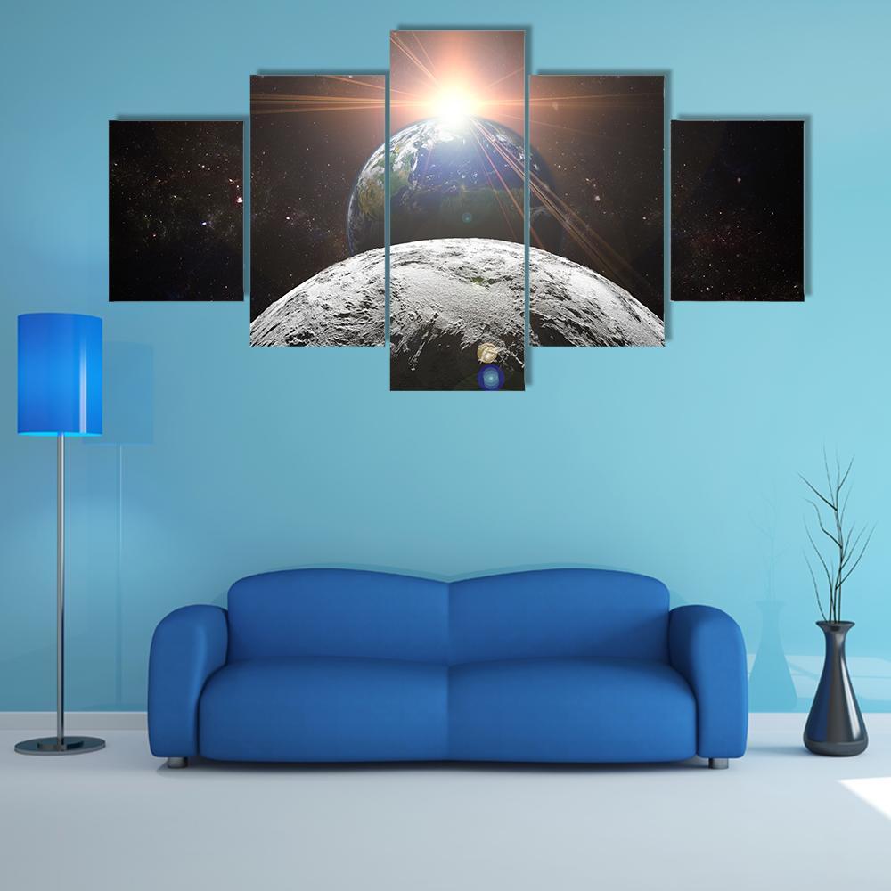 Planet Earth With Moon And Sun Canvas Wall Art-5 Star-Gallery Wrap-62" x 32"-Tiaracle