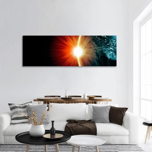 Planet Earth With Sunbeam Light Panoramic Canvas Wall Art-3 Piece-25" x 08"-Tiaracle