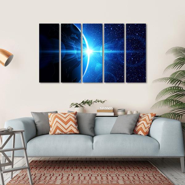 Planet Earth With Sunrise In Space Canvas Wall Art-5 Horizontal-Gallery Wrap-22" x 12"-Tiaracle