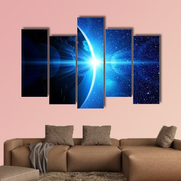 Planet Earth With Sunrise In Space Canvas Wall Art-5 Pop-Gallery Wrap-47" x 32"-Tiaracle