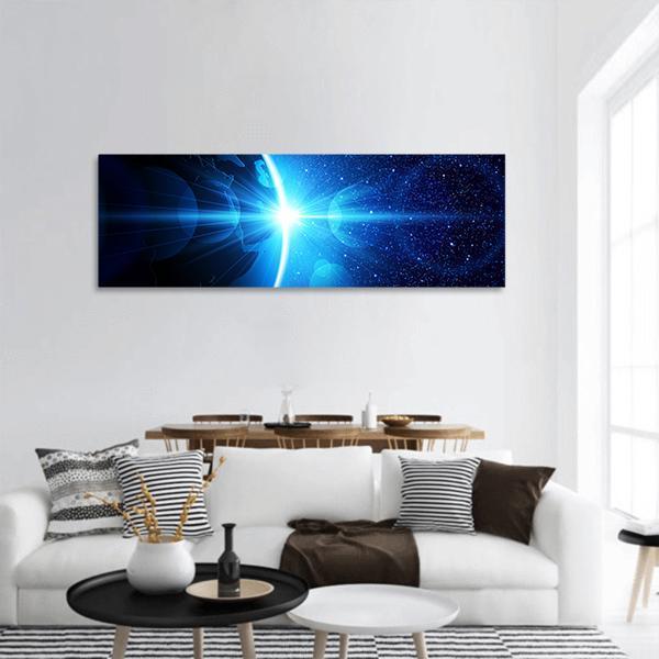 Planet Earth With Sunrise In Space Panoramic Canvas Wall Art-1 Piece-36" x 12"-Tiaracle