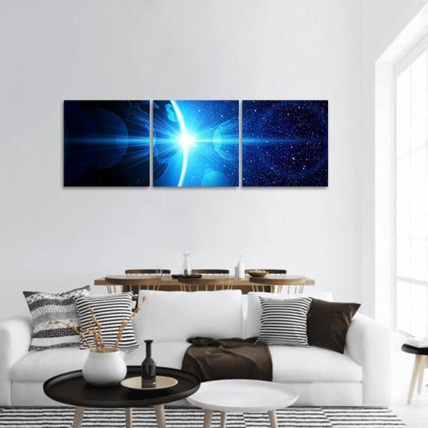 Earth Sunrise from Orbit Panoramic Canvas Wall Art in black, white and blue, hung on a wall