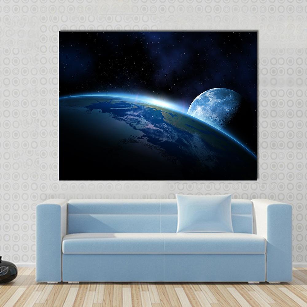 Earth and Moon at Sunrise Canvas Wall Art in black and blue, single panel hung on a wall