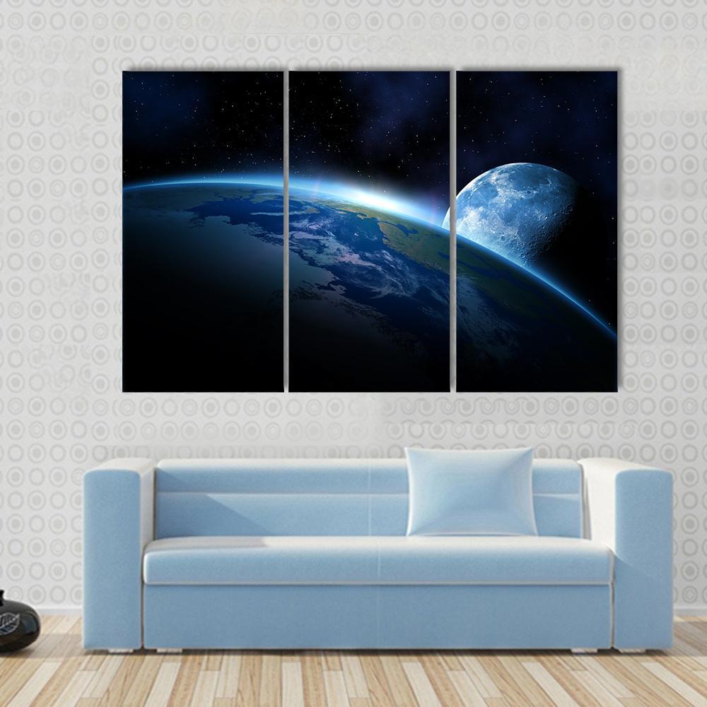 Planet Earth With Sunrise Canvas Wall Art-3 Horizontal-Gallery Wrap-37" x 24"-Tiaracle