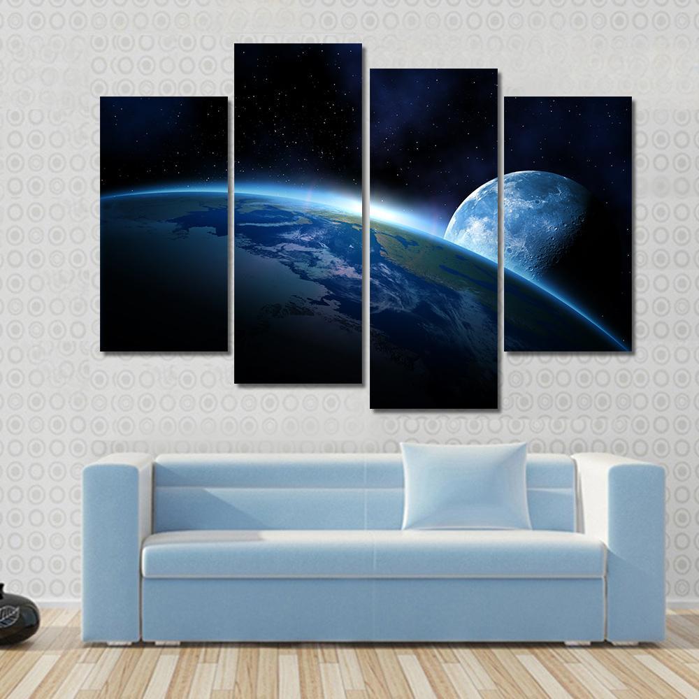 Earth and Moon at Sunrise Canvas Wall Art in black and blue, 4 panel Pop layout hung on a wall