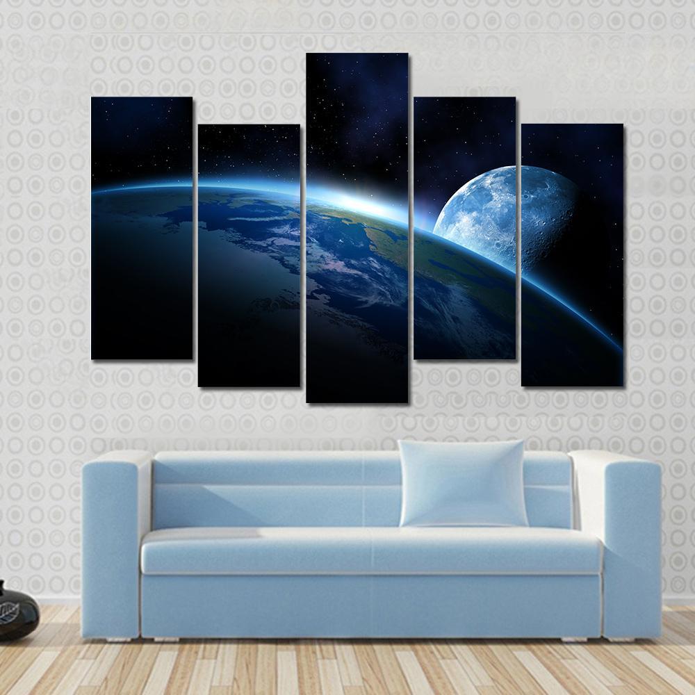Planet Earth With Sunrise Canvas Wall Art-5 Pop-Gallery Wrap-47" x 32"-Tiaracle