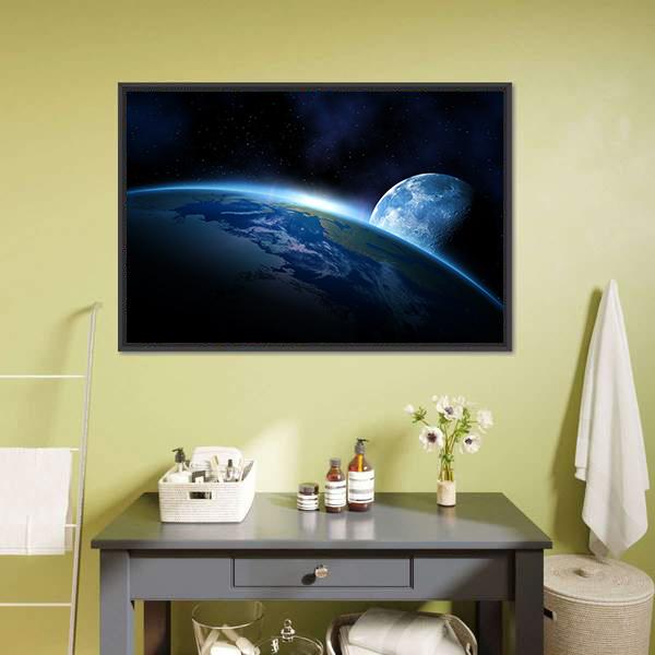 Planet Earth With Sunrise Canvas Wall Art-3 Horizontal-Gallery Wrap-25" x 16"-Tiaracle