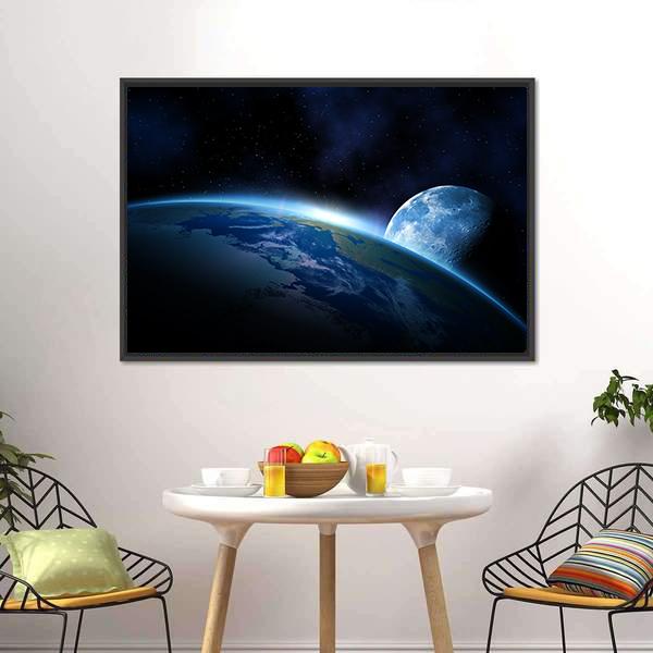 Earth and Moon at Sunrise Canvas Wall Art in black and blue, framed canvas, product view on a white background