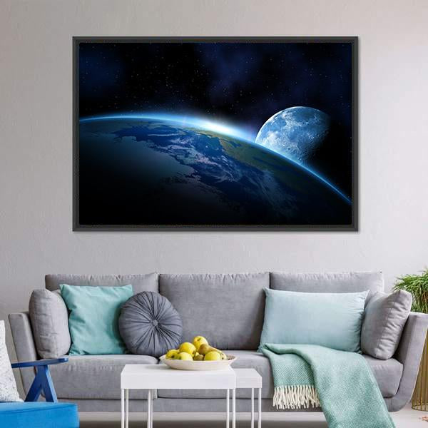 Planet Earth With Sunrise Canvas Wall Art-3 Horizontal-Gallery Wrap-25" x 16"-Tiaracle