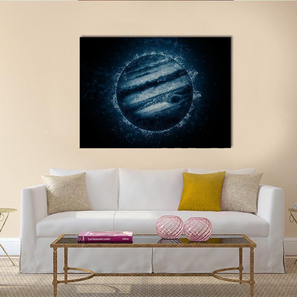 Glowing Blue Planet with Swirling Bands Canvas Wall Art in black and blue, single panel hung on a wall