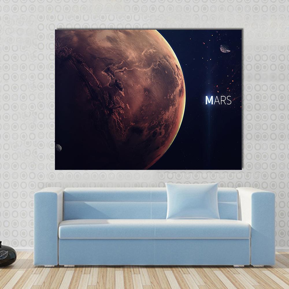 Planet Mars from Space Canvas Wall Art in black, brown and orange, single panel hung on a wall