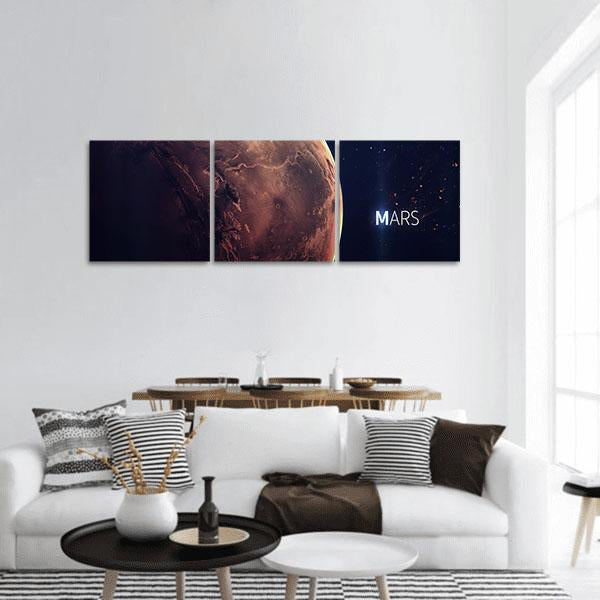 Planet Mars from Space Panoramic Canvas Wall Art in black, brown and orange, hung on a wall