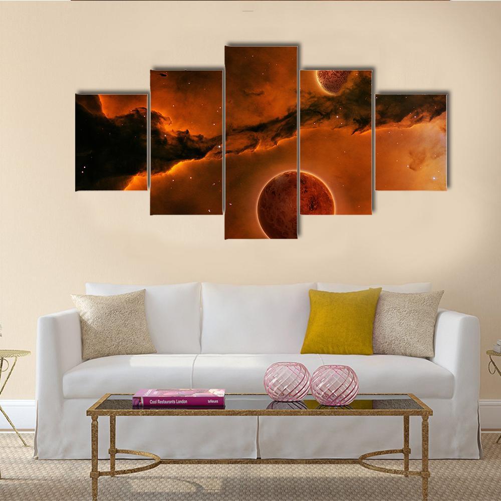 Planet Near A Nebula Canvas Wall Art-5 Star-Gallery Wrap-62" x 32"-Tiaracle
