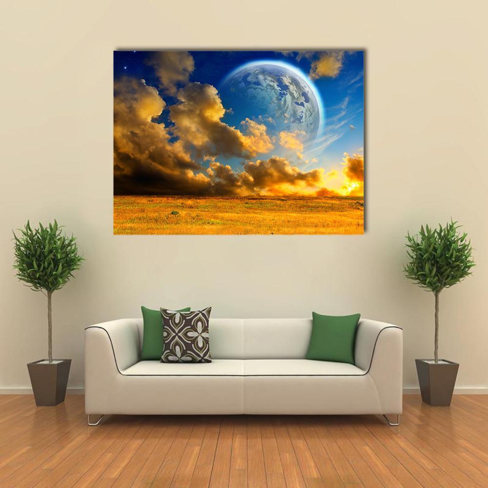 Planet On Fantasy Landscape Canvas Wall Art-1 Piece-Gallery Wrap-48" x 32"-Tiaracle