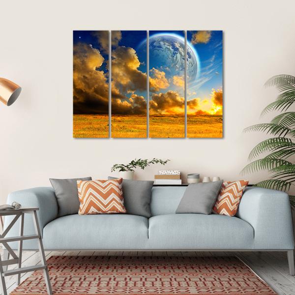 Planet On Fantasy Landscape Canvas Wall Art-4 Horizontal-Gallery Wrap-34" x 24"-Tiaracle