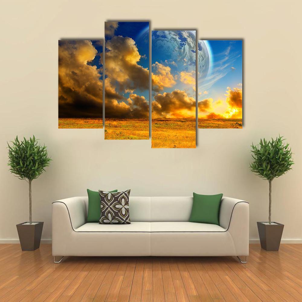 Planet On Fantasy Landscape Canvas Wall Art-4 Pop-Gallery Wrap-50" x 32"-Tiaracle