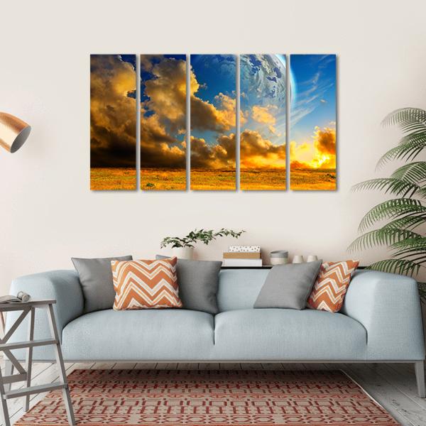 Planet On Fantasy Landscape Canvas Wall Art-5 Horizontal-Gallery Wrap-22" x 12"-Tiaracle