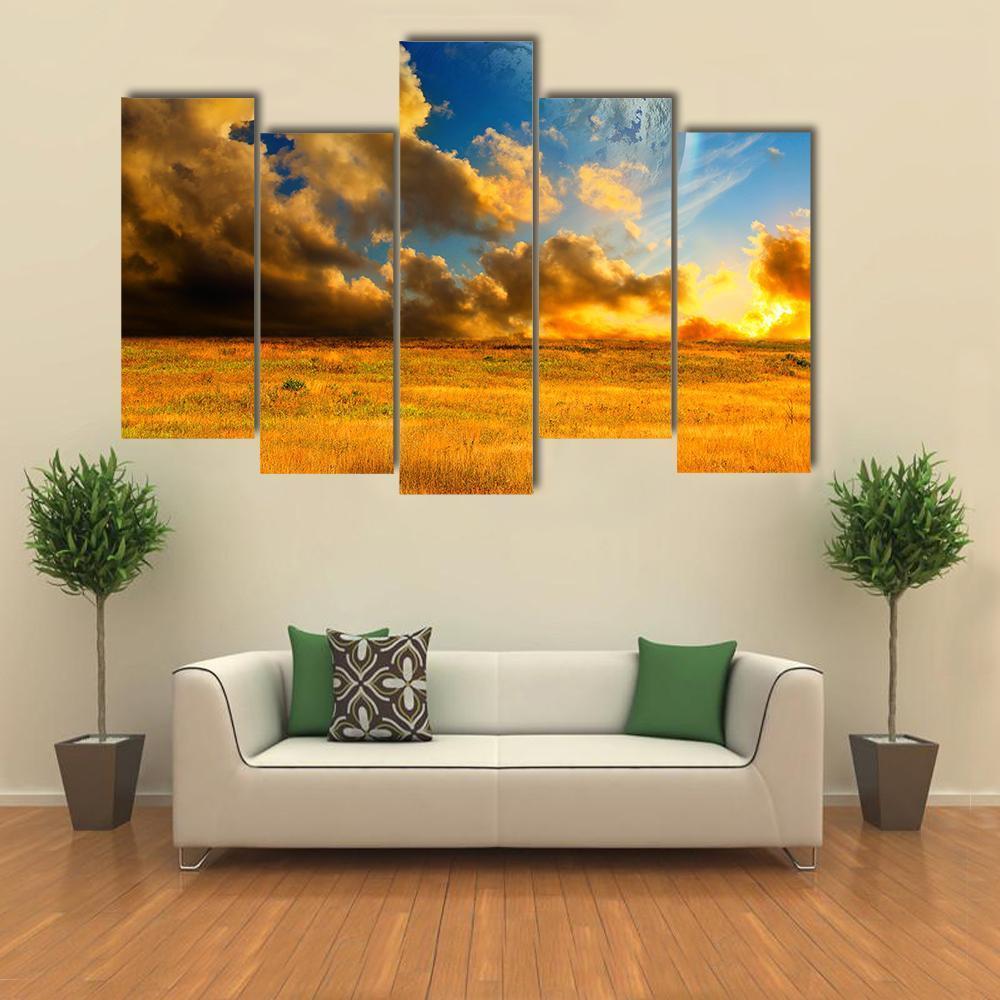 Planet On Fantasy Landscape Canvas Wall Art-5 Pop-Gallery Wrap-47" x 32"-Tiaracle