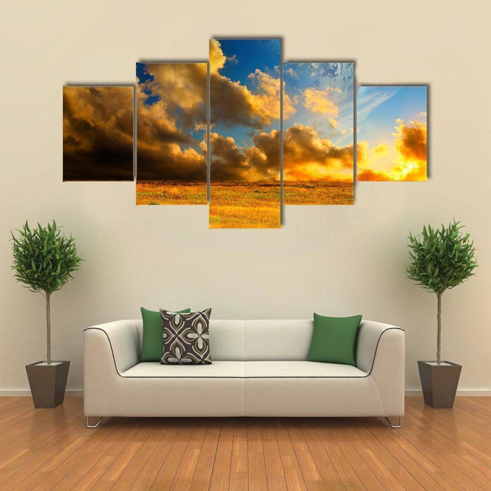 Planet On Fantasy Landscape Canvas Wall Art-5 Star-Gallery Wrap-62" x 32"-Tiaracle