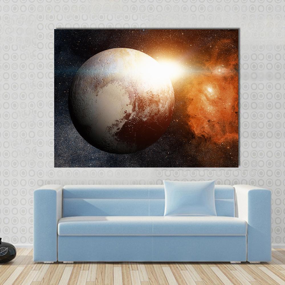 Pluto with Heart-shaped Terrain Canvas Wall Art in black, beige and orange, single panel hung on a wall