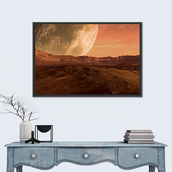 Planet with Arid Landscape Canvas Wall Art in brown, orange and yellow, framed canvas, product view on a white background