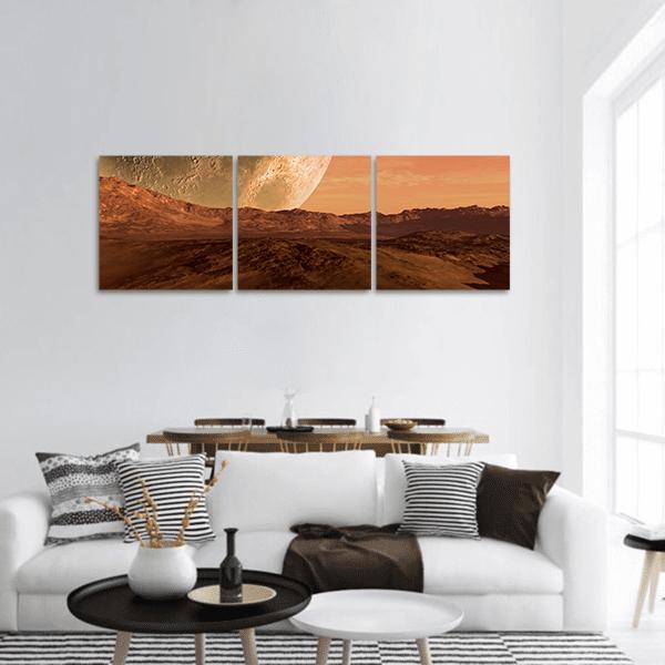 Cratered Alien Planet with Rising Moon Panoramic Canvas Wall Art in beige, brown and orange, hung on a wall