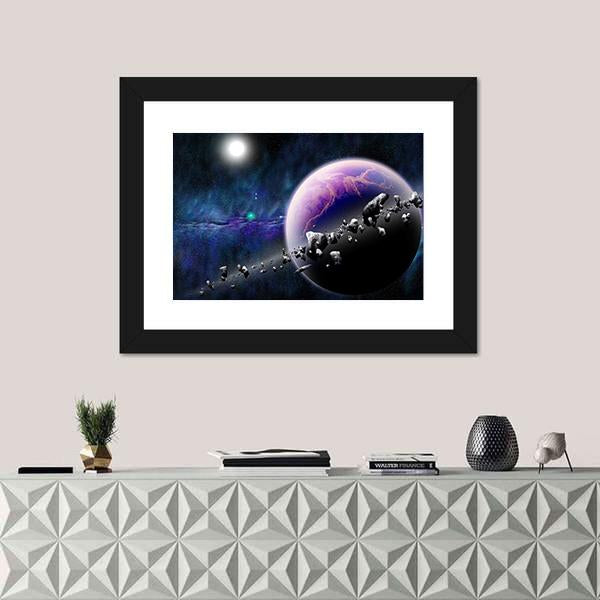 Planet With Asteroids Canvas Wall Art-3 Horizontal-Gallery Wrap-25" x 16"-Tiaracle