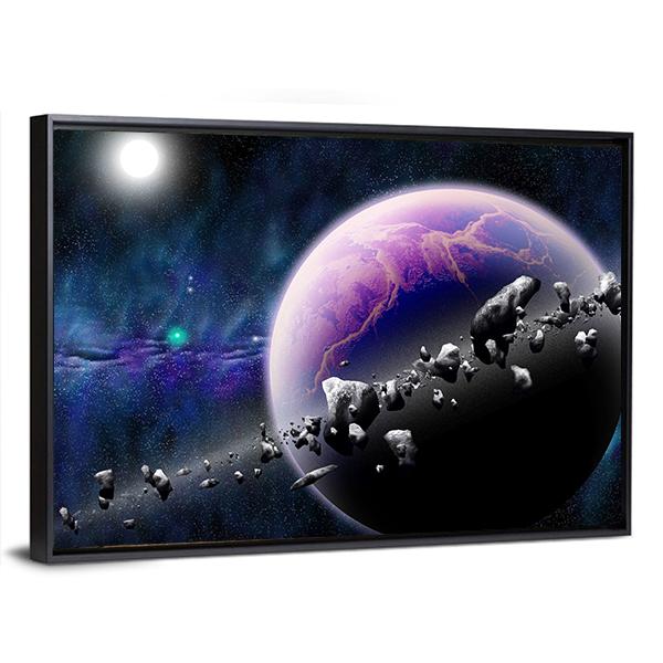 Planet With Asteroids Canvas Wall Art-3 Horizontal-Gallery Wrap-25" x 16"-Tiaracle