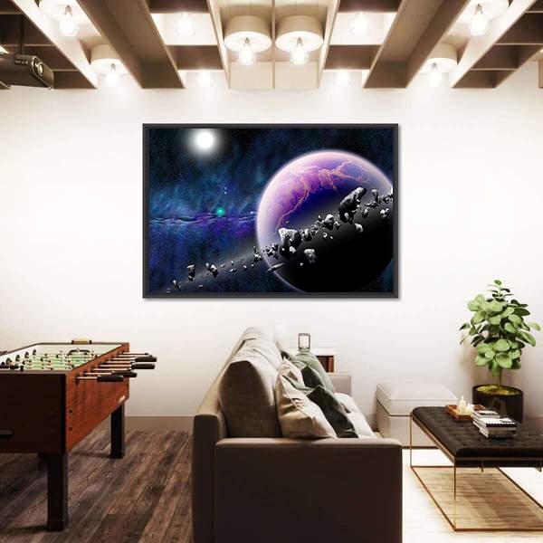 Planet With Asteroids Canvas Wall Art-3 Horizontal-Gallery Wrap-25" x 16"-Tiaracle