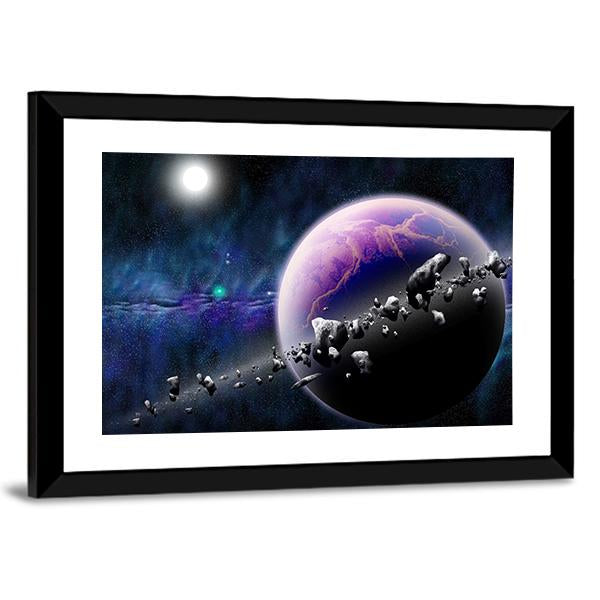 Planet With Asteroids Canvas Wall Art-3 Horizontal-Gallery Wrap-25" x 16"-Tiaracle