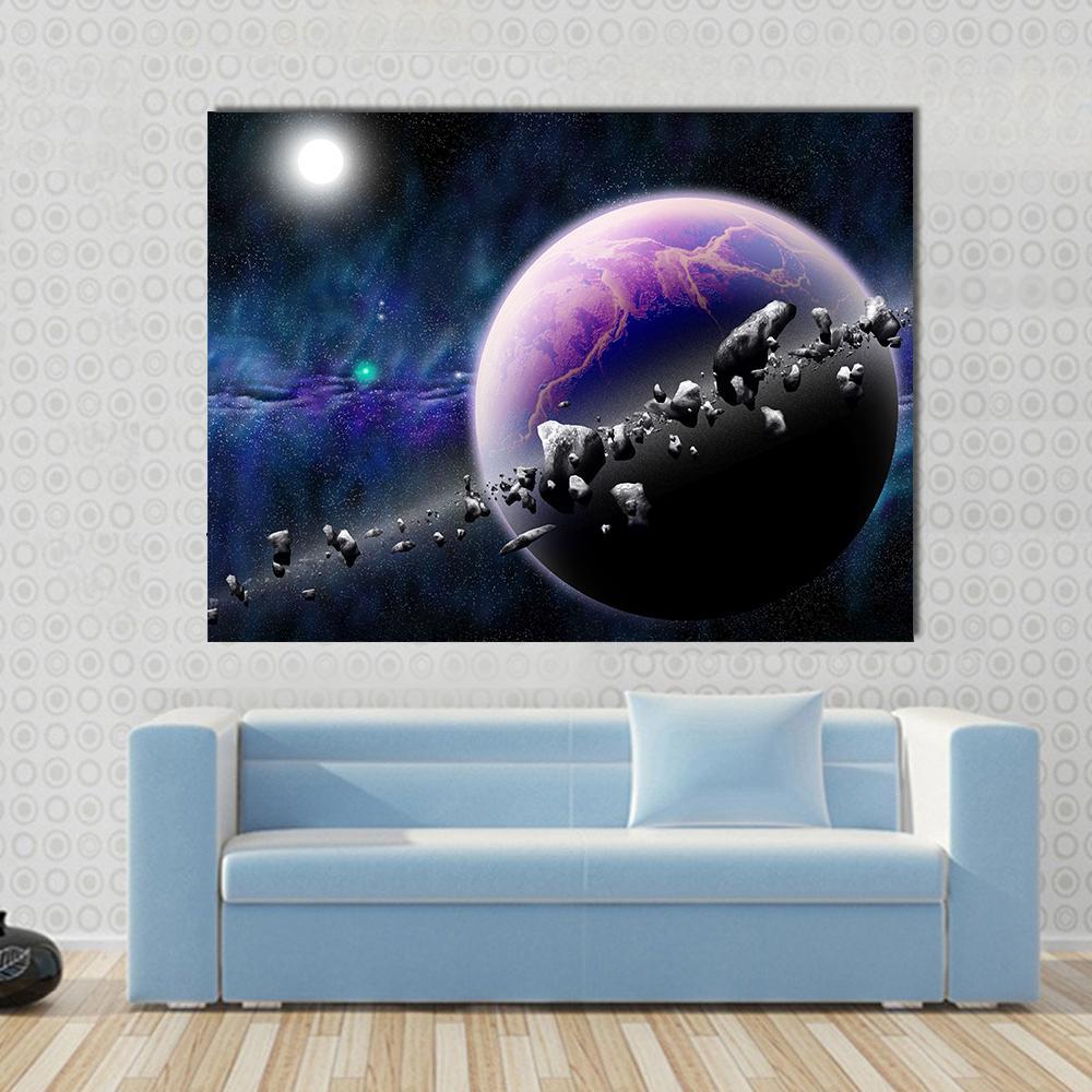 Planet with Asteroids Canvas Wall Art in black, blue and purple, single panel hung on a wall