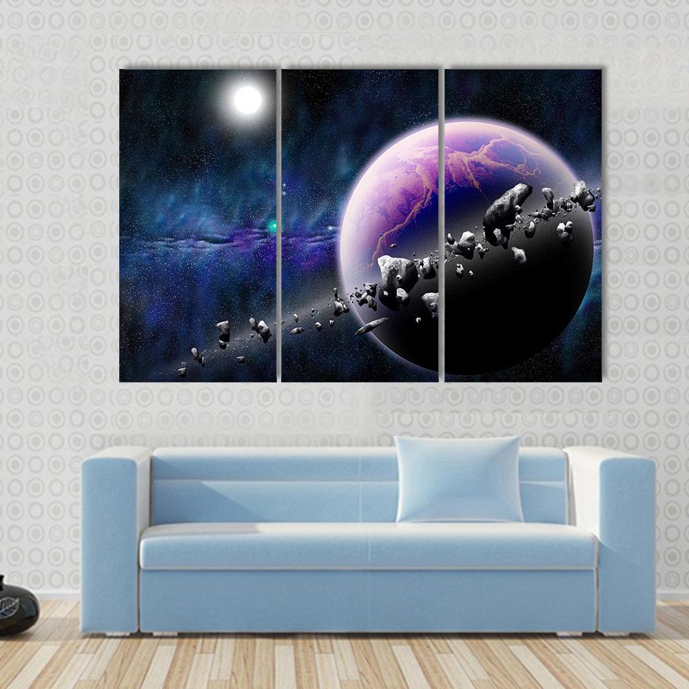 Planet With Asteroids Canvas Wall Art-3 Horizontal-Gallery Wrap-37" x 24"-Tiaracle